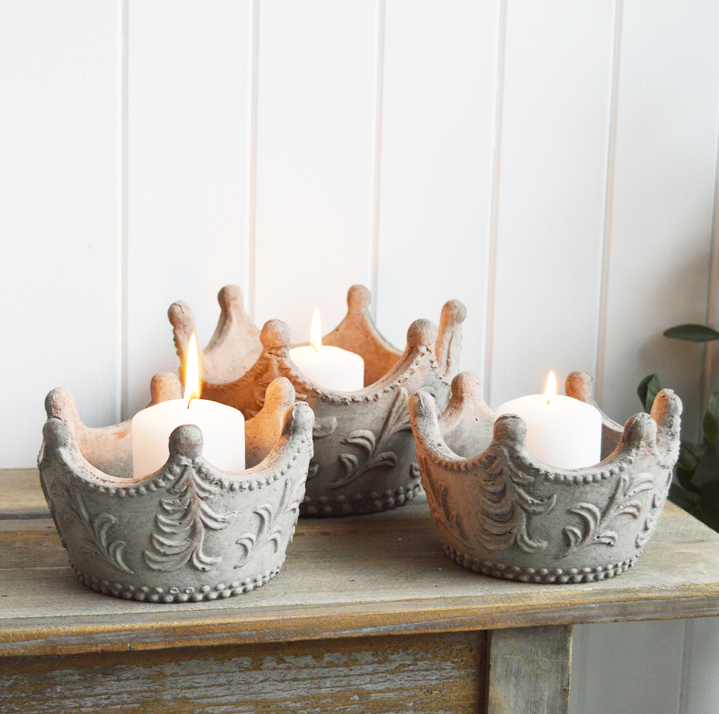 Grey Stone Crown Candle Holders- The White Lighthouse New England Coastal Farmhouse and Country Home Furniture and Decor Accesories