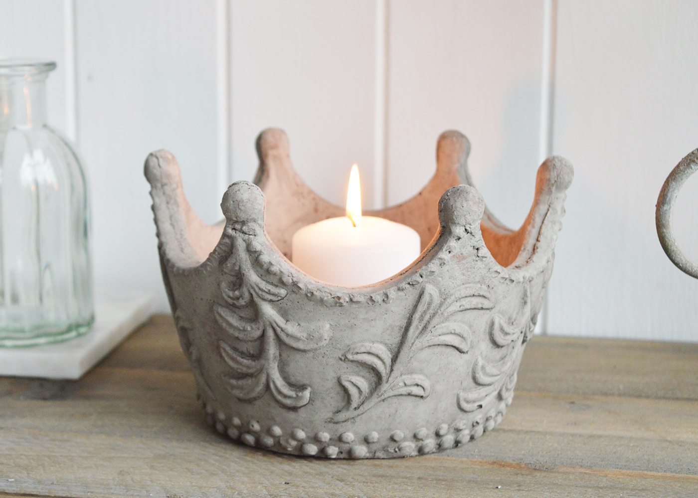 Grey Stone Crown Candle Holders- The White Lighthouse New England Coastal Farmhouse and Country Home Furniture and Decor Accesories