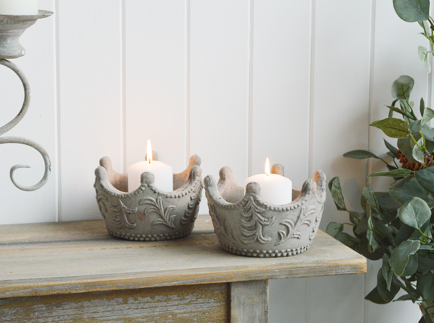 Grey Stone Crown Candle Holders- The White Lighthouse New England Coastal Farmhouse and Country Home Furniture and Decor Accesories
