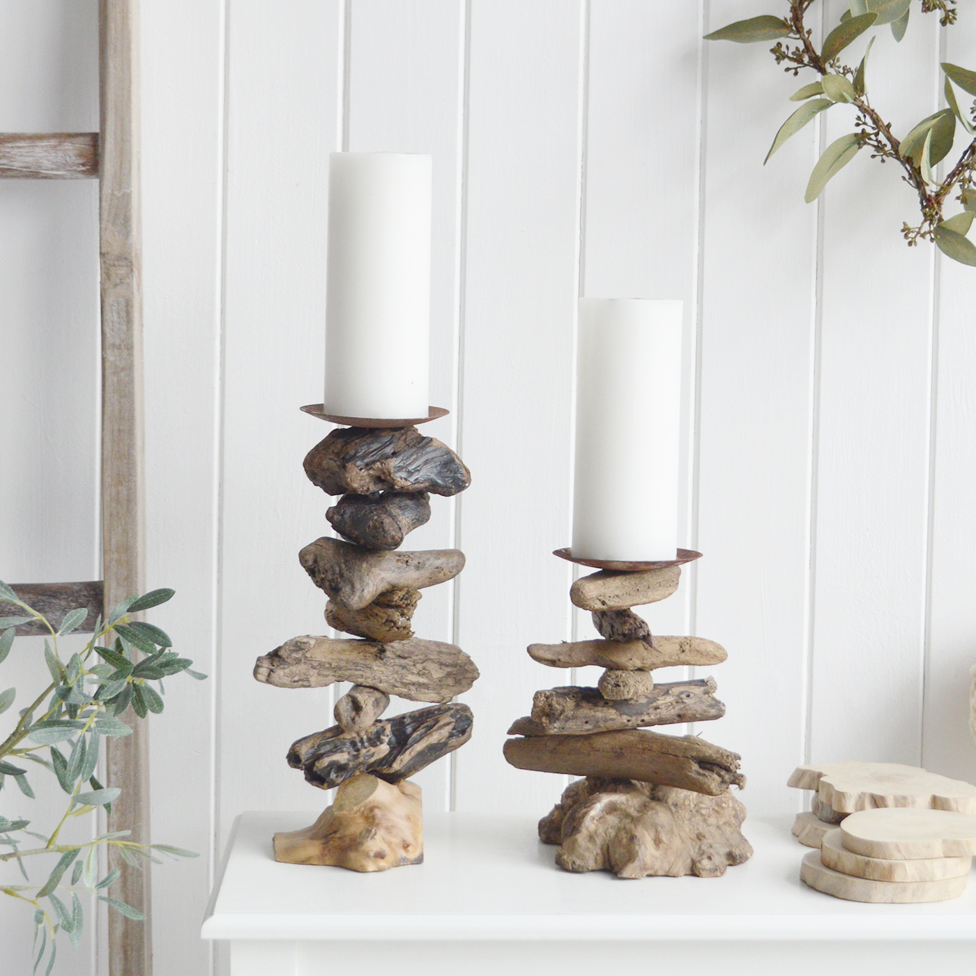 Driftwood Candle Holders - The White Lighthouse New England Coastal Farmhouse and Country Home Furniture and Decor Accesories