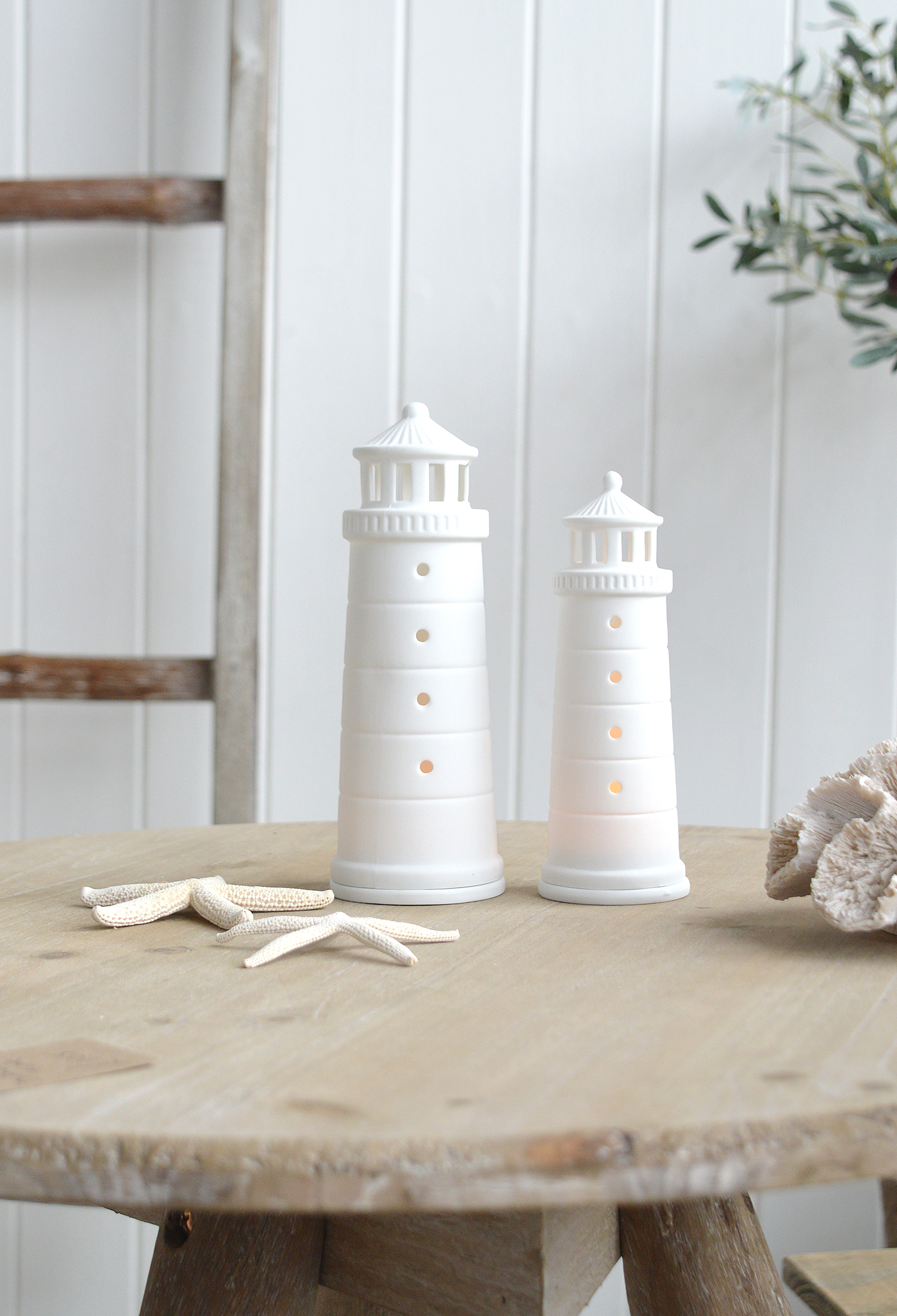 White Lighthouse Porcelain Tea Light Holder - New England Coastal Decor