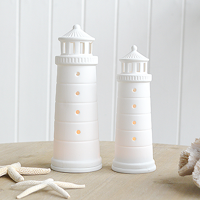 White Lighthouse Porcelain Tea Light Holder - New England Coastal Decor