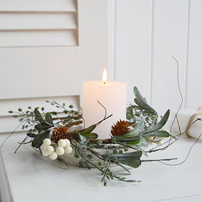 Create a beautiful centerpiece with this gorgeous winter candle ring with gently frosted leaves, little pinecones and contrasting white berries - Luxury Christmas table decoration