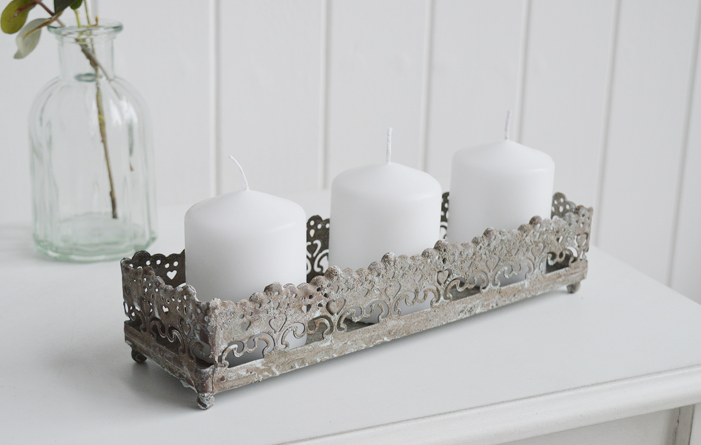Candle holder tray in aged metal vintage style. New England style home interiors and furniture from The White Lighthouse