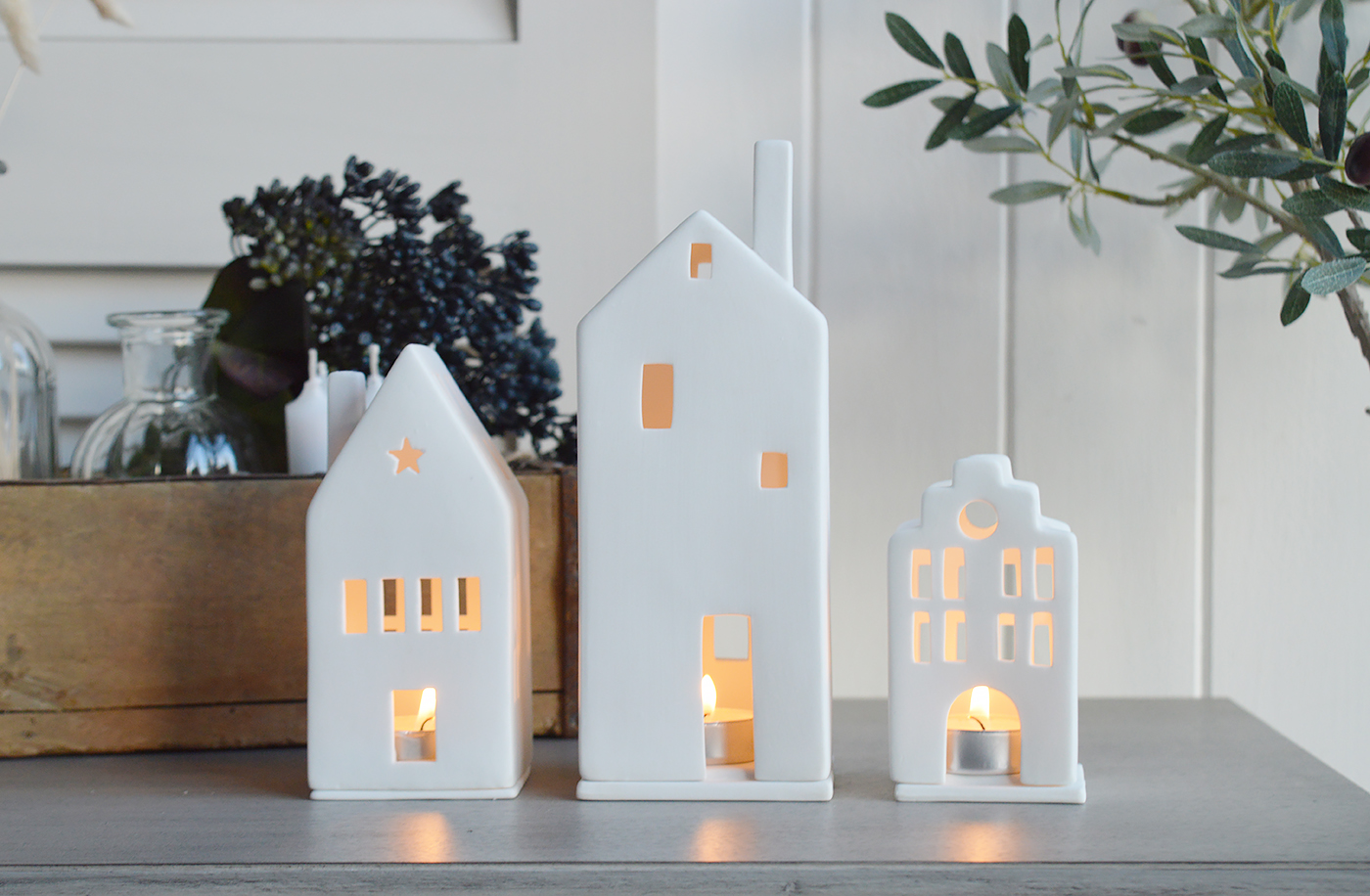 White Porcelain TownHouse Candle holder The White Lighthouse Coastal