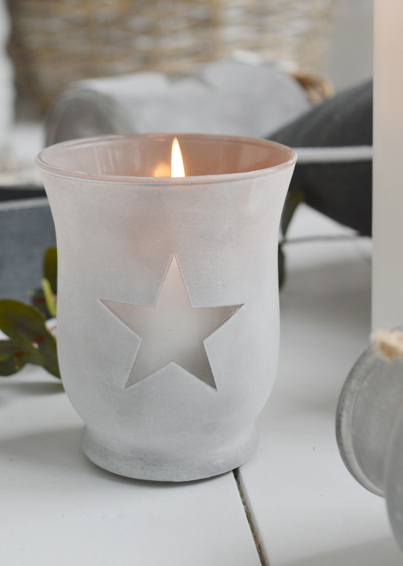 Etched glass  lantern candle holder with stars from The White Lighthouse. New England , coastal, country and white furniture and home interiors for the hallway, living room, bedroom and bathroom