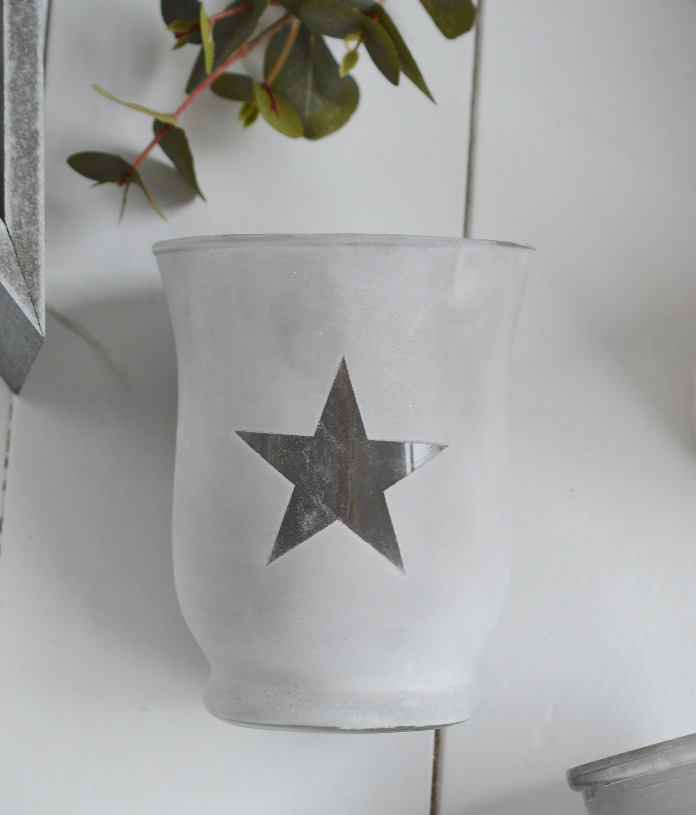 Etched glass  lantern candle holder with stars from The White Lighthouse. New England , coastal, country and white furniture and home interiors for the hallway, living room, bedroom and bathroom