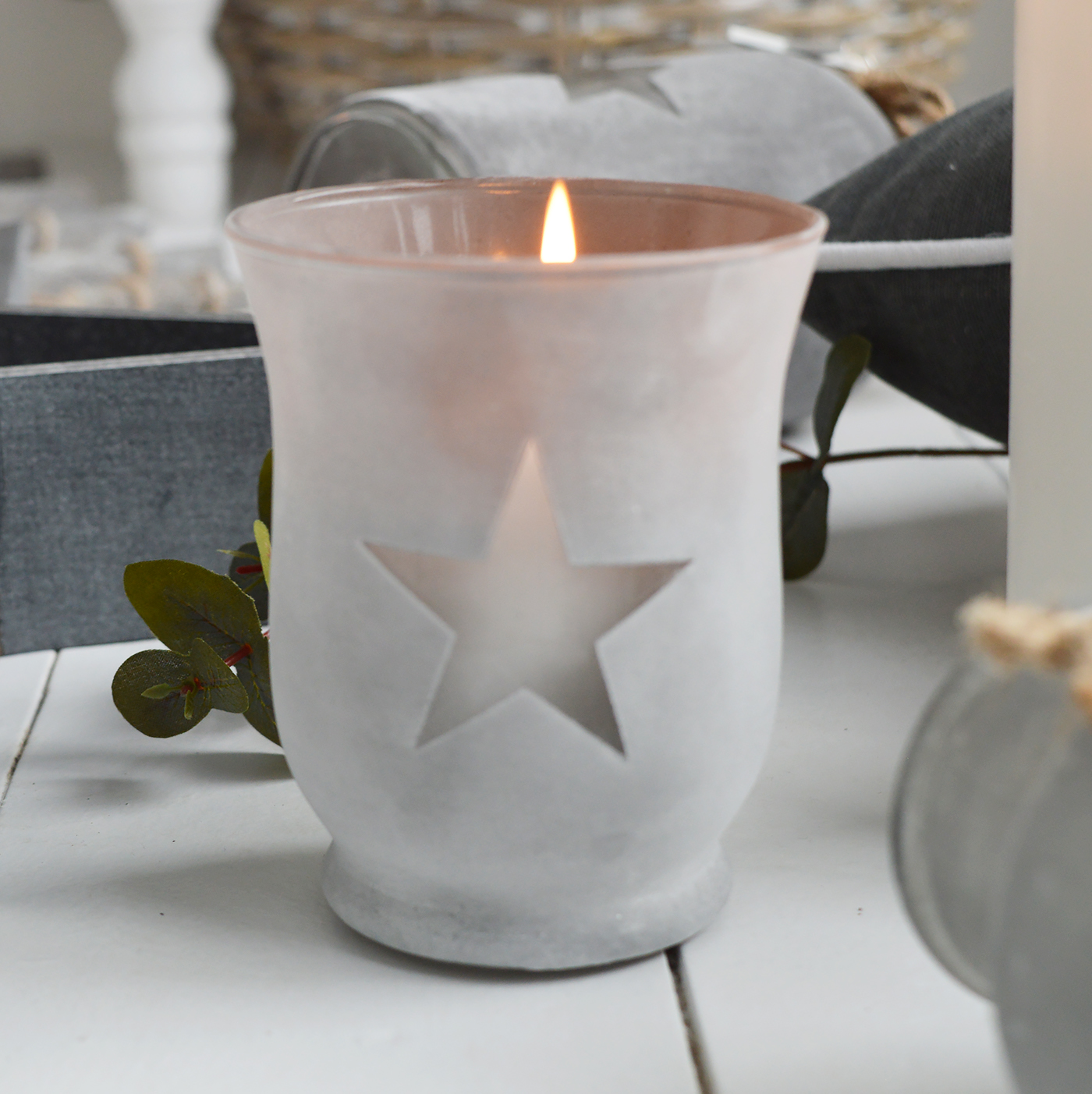 Etched glass  lantern candle holder with stars from The White Lighthouse. New England , coastal, country and white furniture and home interiors for the hallway, living room, bedroom and bathroom