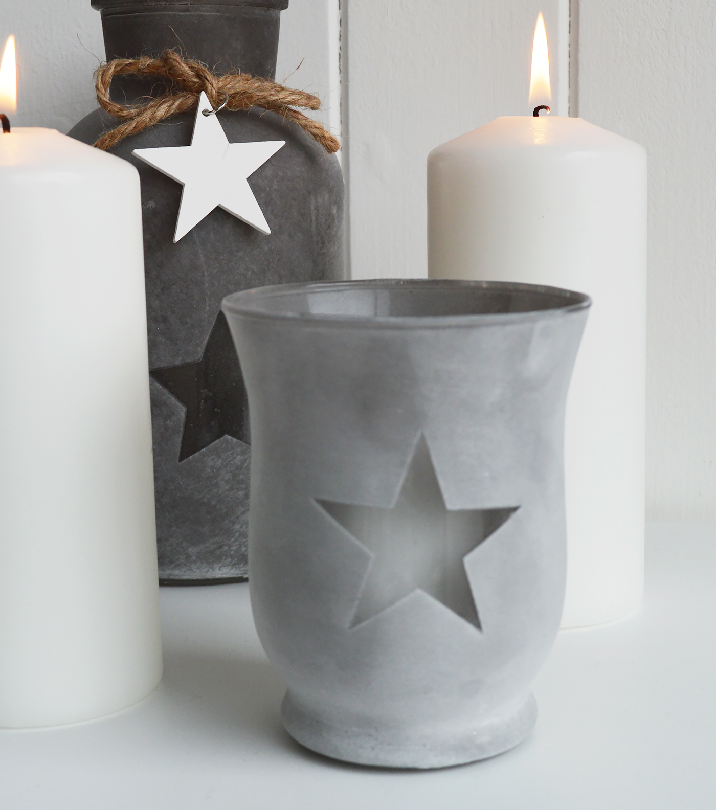 Etched glass  lantern candle holder with stars from The White Lighthouse. New England , coastal, country and white furniture and home interiors for the hallway, living room, bedroom and bathroom