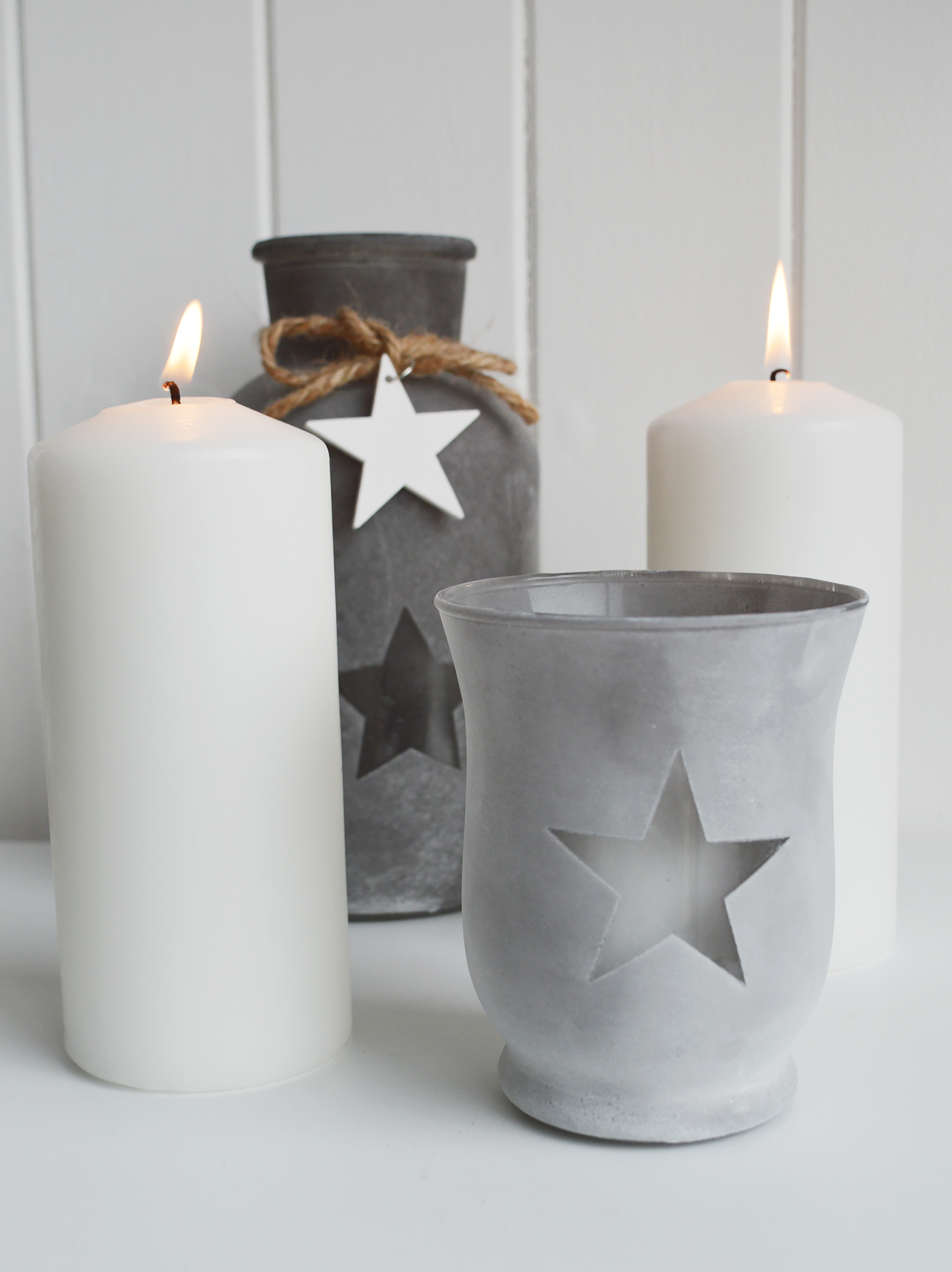 Etched glass  lantern candle holder with stars from The White Lighthouse. New England , coastal, country and white furniture and home interiors for the hallway, living room, bedroom and bathroom