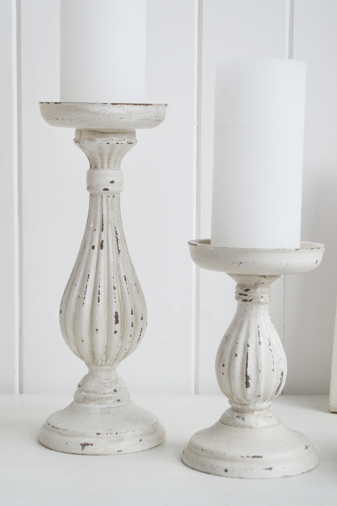 Antique White Pillar Candlesticks - The White Lighthouse New England Coastal Farmhouse and Country Home Furniture and Decor Accesories