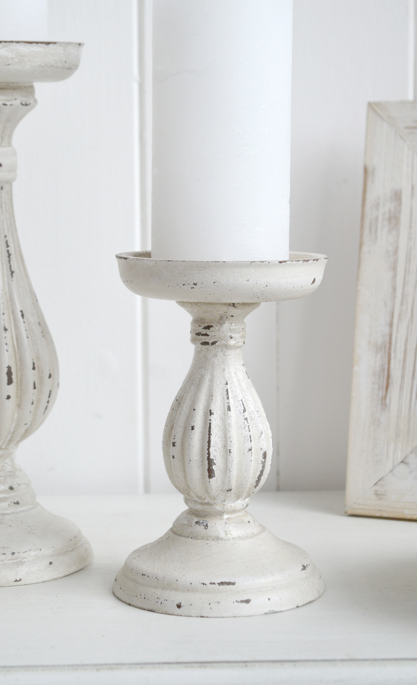 Antique White Pillar Candlesticks - The White Lighthouse New England Coastal Farmhouse and Country Home Furniture and Decor Accesories