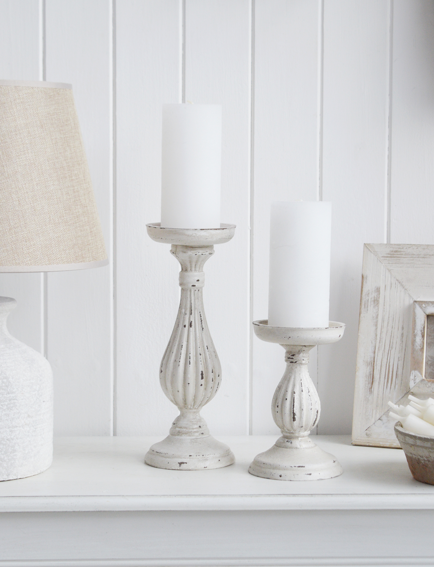 Antique White Pillar Candlesticks - The White Lighthouse New England Coastal Farmhouse and Country Home Furniture and Decor Accesories