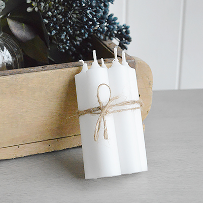 Short candles for chambersticks and candle holders from The White Lighthouse furniture and accessories. New England, coastal, country, city and farmhouse home interiors and decor