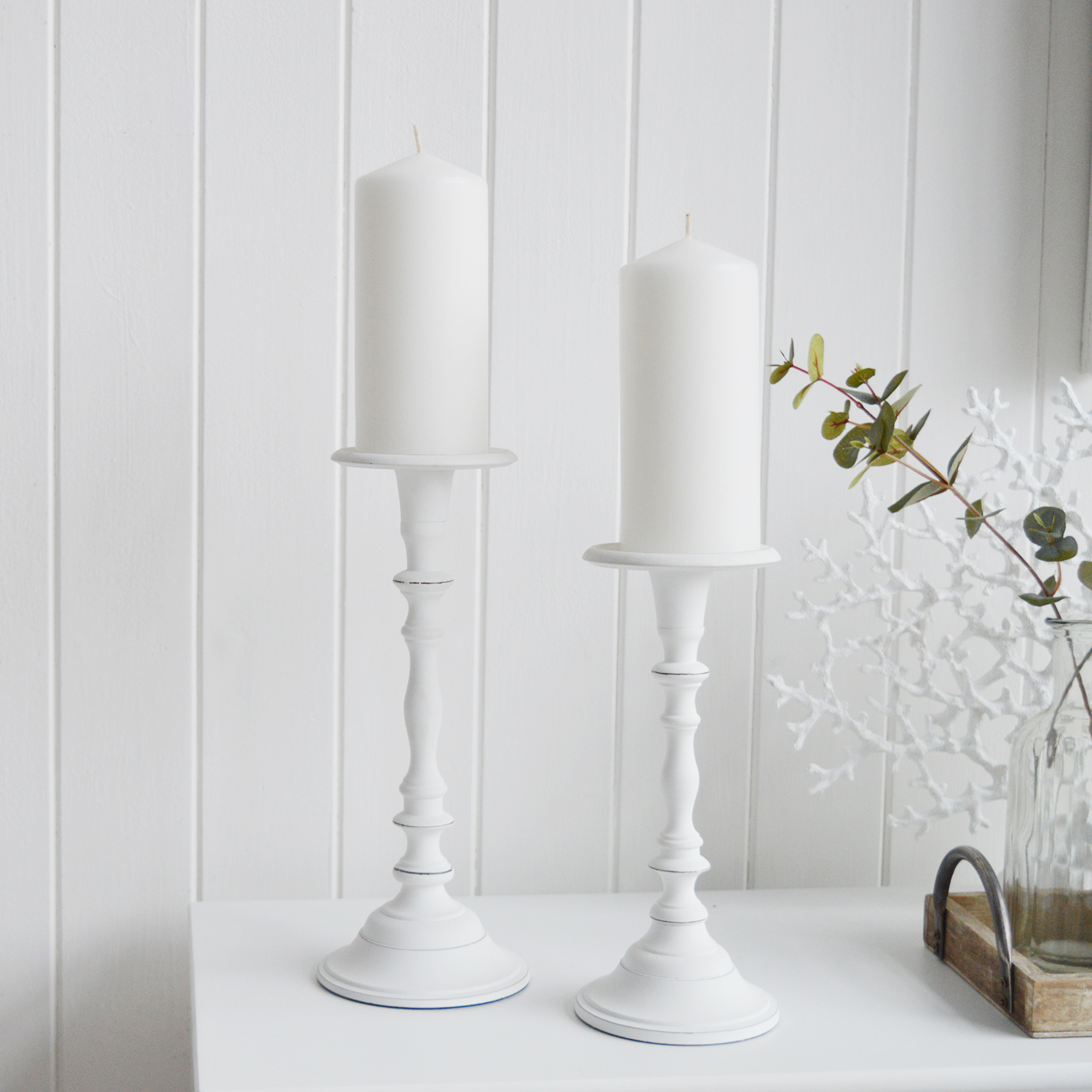 White Candlesticks and Holders - The White Lighthouse New England Coastal Farmhouse and Country Home Furniture and Decor Accesories