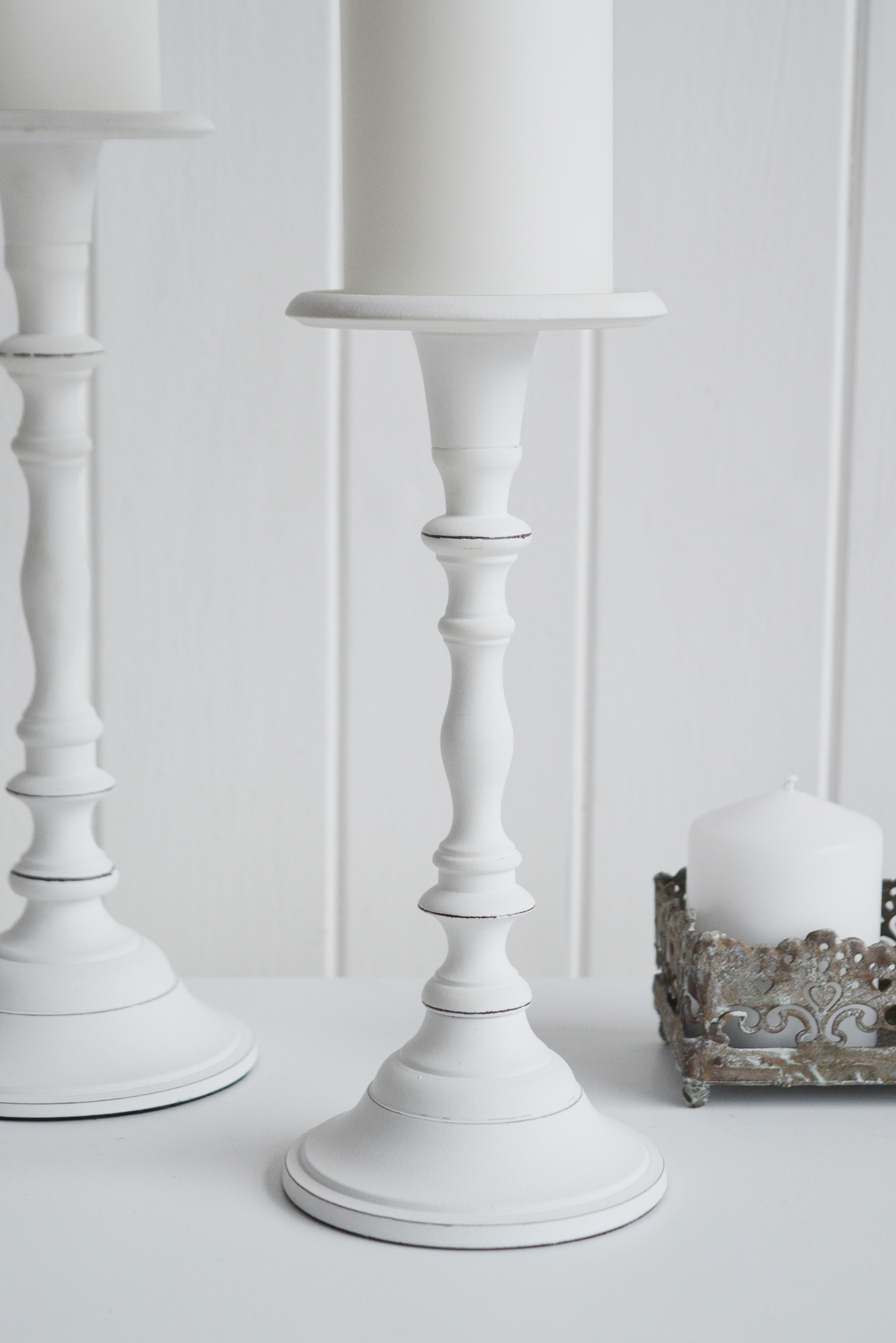 White Candlesticks and Holders - The White Lighthouse New England Coastal Farmhouse and Country Home Furniture and Decor Accesories