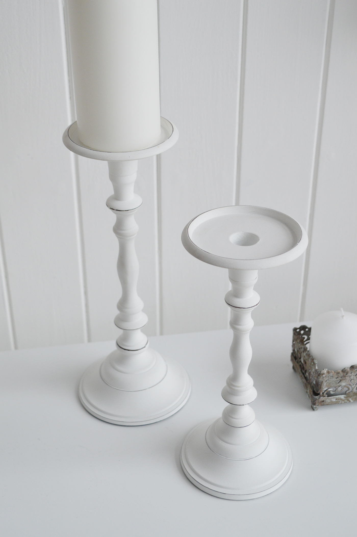 White Candlesticks and Holders - The White Lighthouse New England Coastal Farmhouse and Country Home Furniture and Decor Accesories