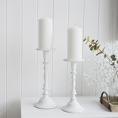 Coastal style tall candle stick in white wash