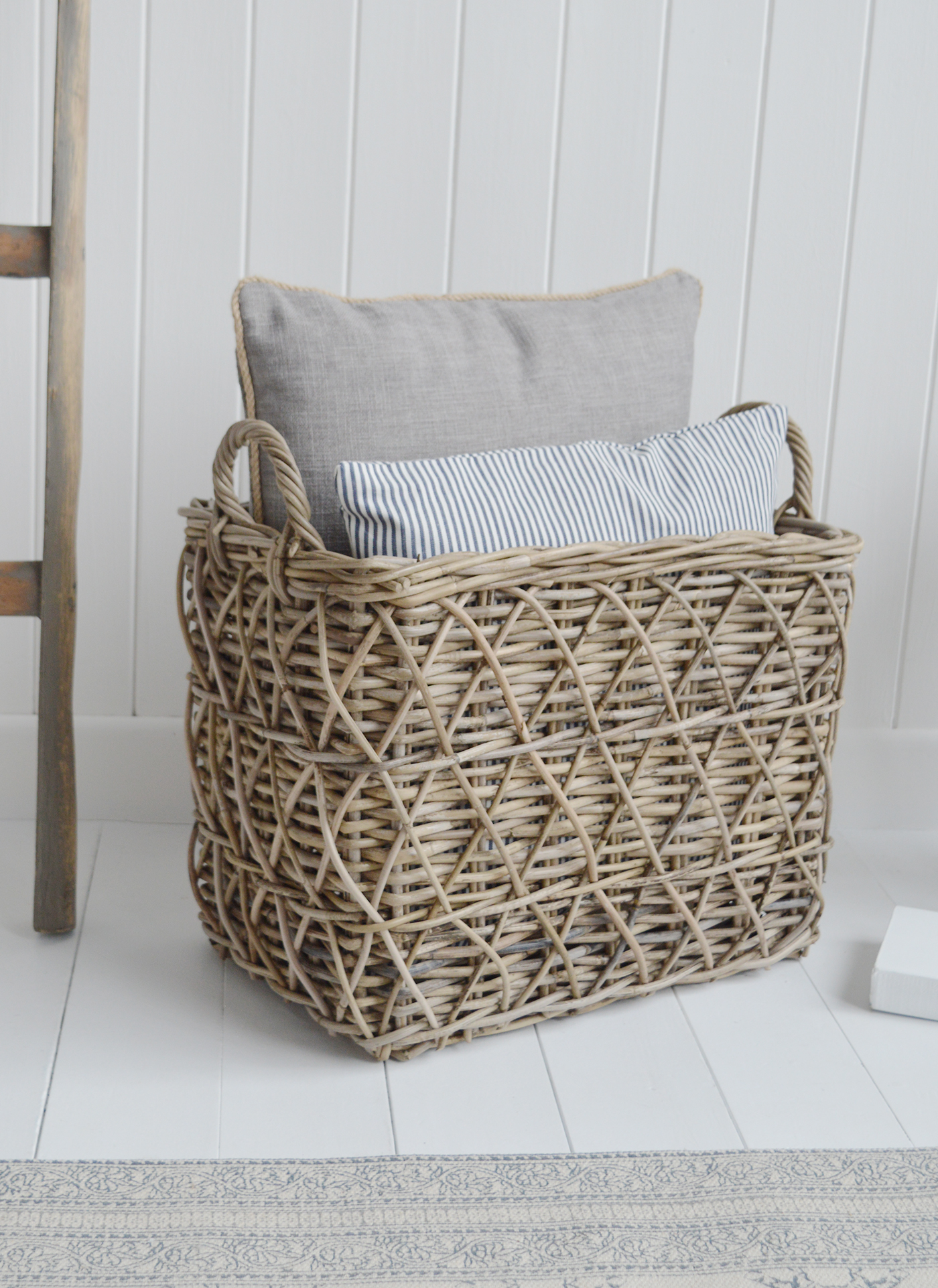Casco Bay grey tall willow grey basket with handles for logs, toys and everyday storage from The White Lighthouse Furniture and Home Interiors for New England, country, coastal and city homes for hallway, living room, bedroom and bathroom
