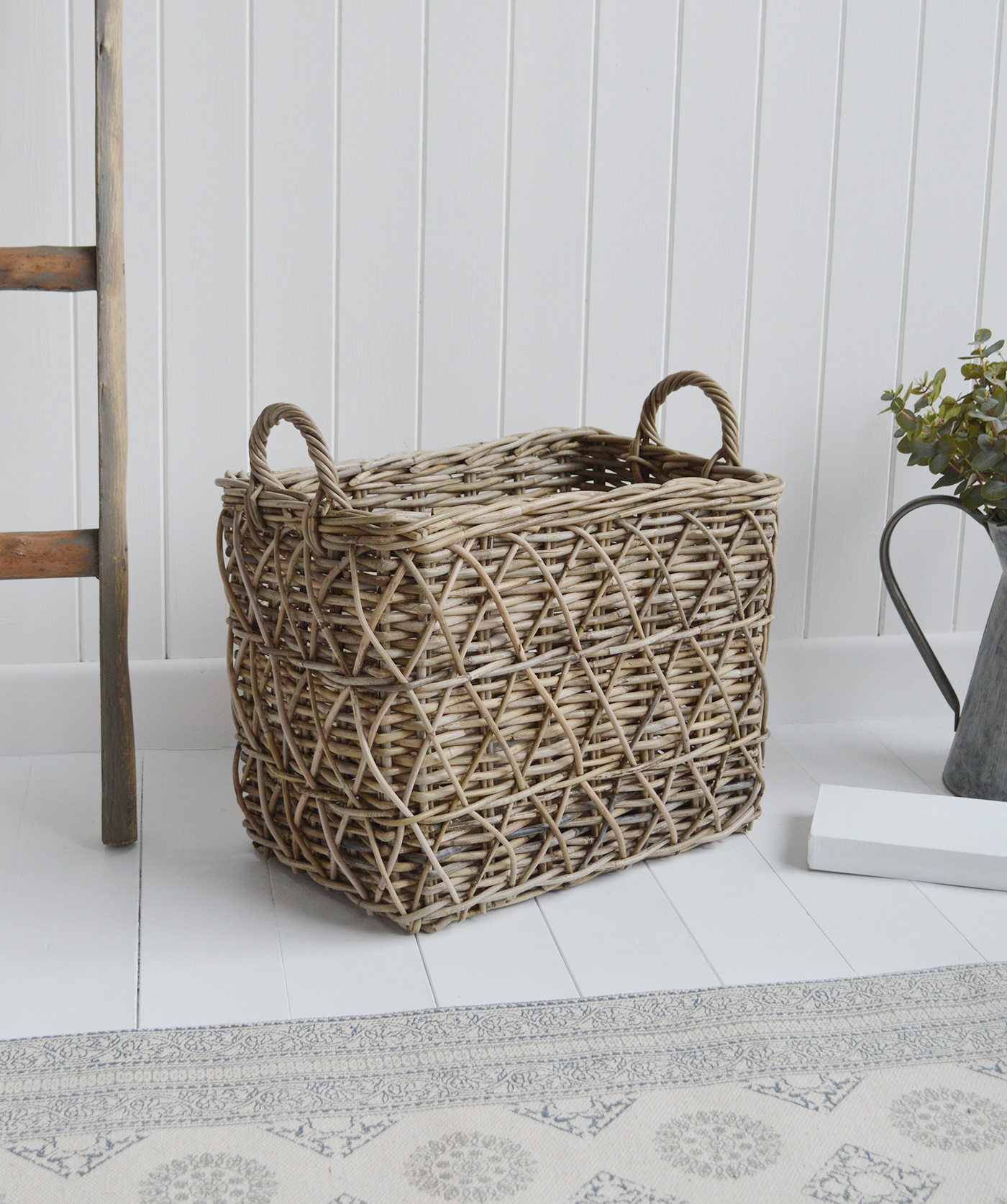 Casco Bay grey tall willow grey basket with handles for logs, toys and everyday storage from The White Lighthouse Furniture and Home Interiors for New England, country, coastal and city homes for hallway, living room, bedroom and bathroom