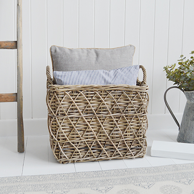 Casco Bay Grey basketware Willow slim baskets for logs, toys and everyday storage from The White Lighthouse Furniture and Home Interiors for New England, country, coastal and city homes for hallway, living room, bedroom and bathroom