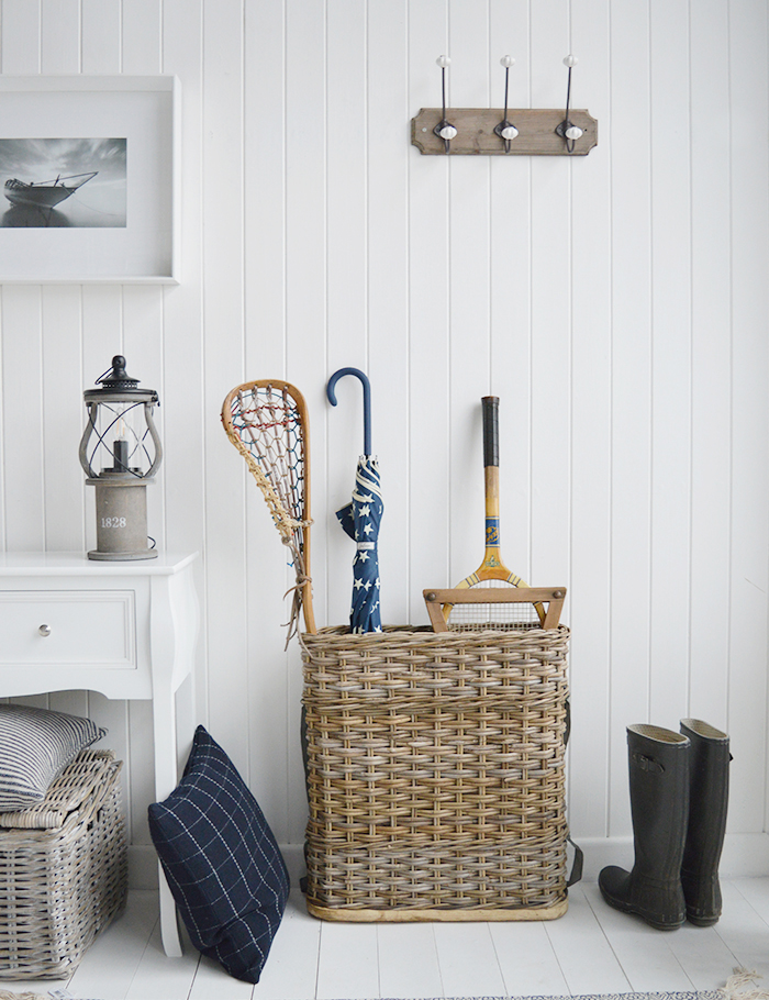 A large narrow grey willow umbrella basket from The White Lighthouse Hallway furniture for white, New England, country, coastal and country homes and interior design