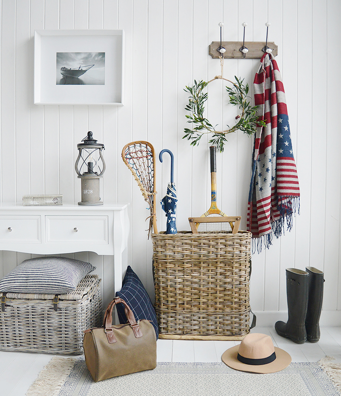 A large narrow grey willow umbrella basket from The White Lighthouse Hallway furniture for white, New England, country, coastal and country homes and interior design
