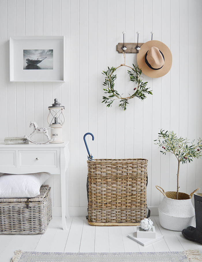 A large narrow grey willow umbrella basket from The White Lighthouse Hallway furniture for white, New England, country, coastal and country homes and interior design