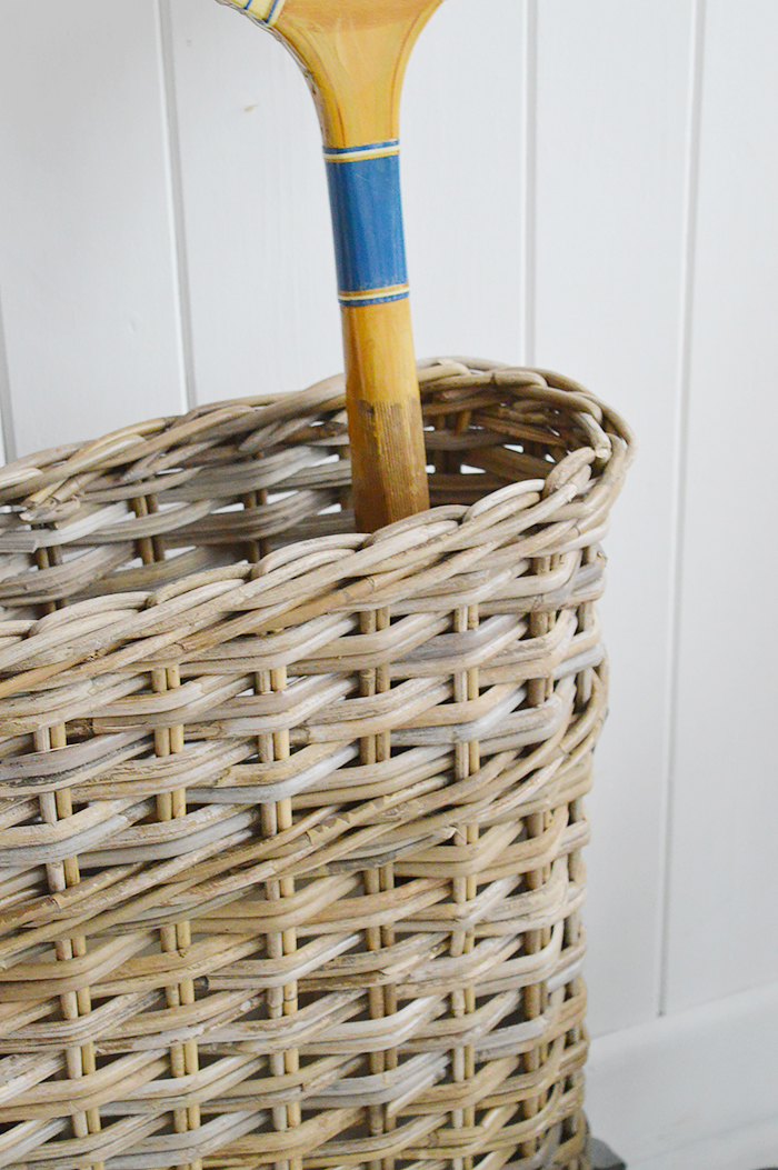 A large narrow grey willow umbrella basket from The White Lighthouse Hallway furniture for white, New England, country, coastal and country homes and interior design