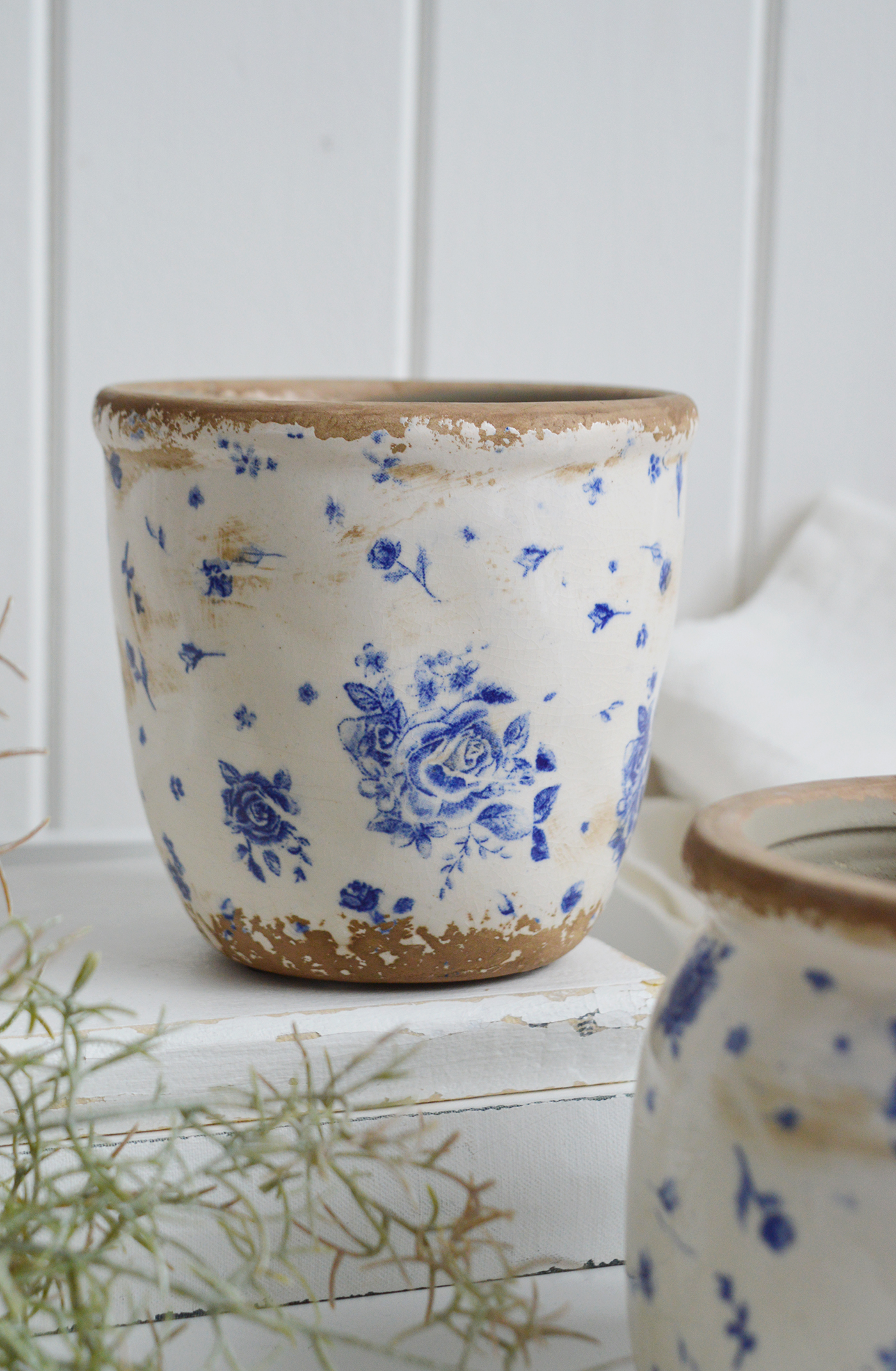 Handcrafted coastal New England ceramic crock with timeworn finish and heirloom rose pattern