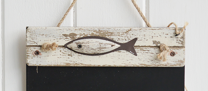 Naitical Coastal home decor - A hanging chalkboard in distressed white wood with a fish emblem, a chalk rub out and ledge to store chalk