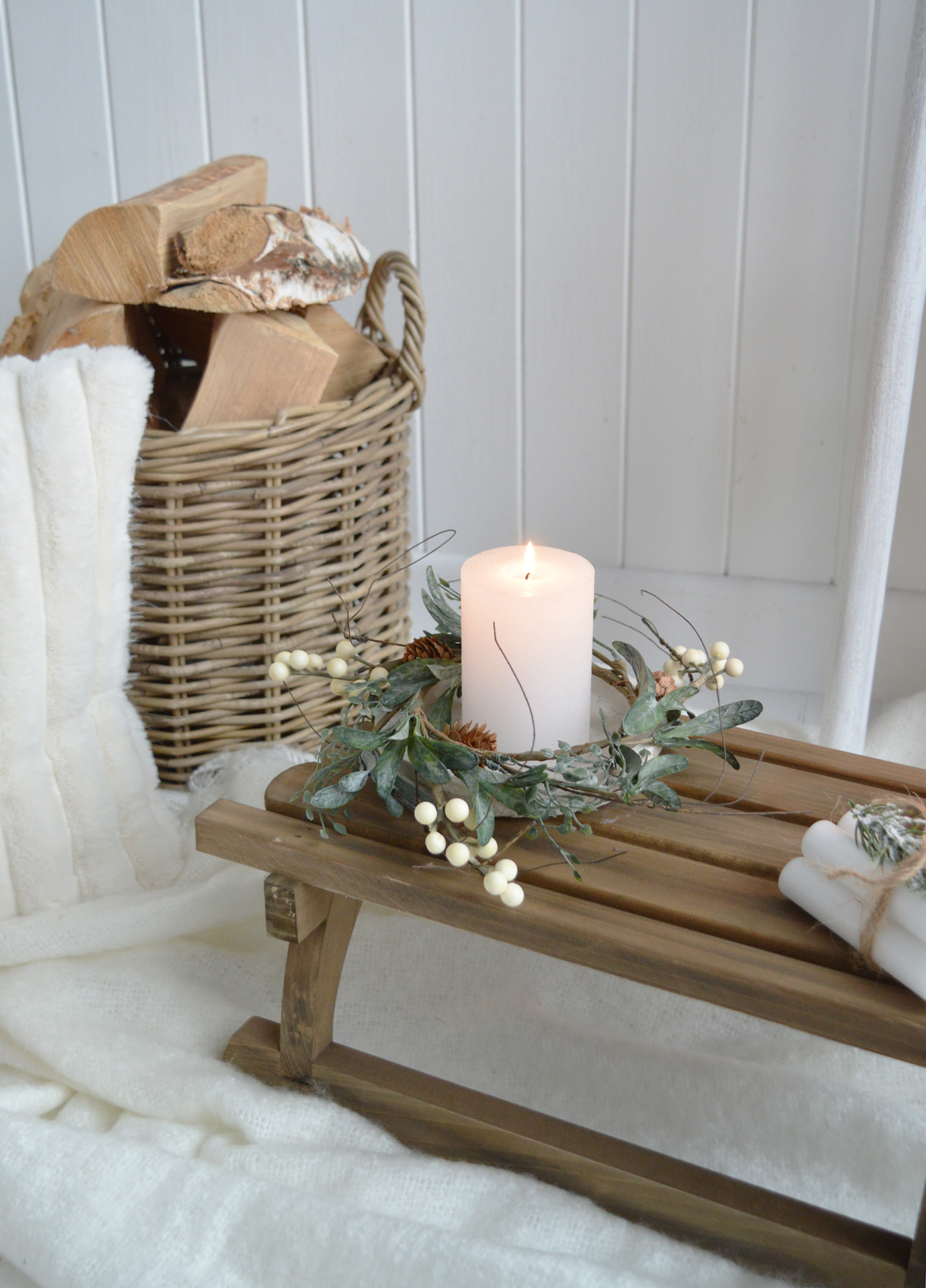 White berry candle ring on our wooden sleigh for luxury Christmas decor