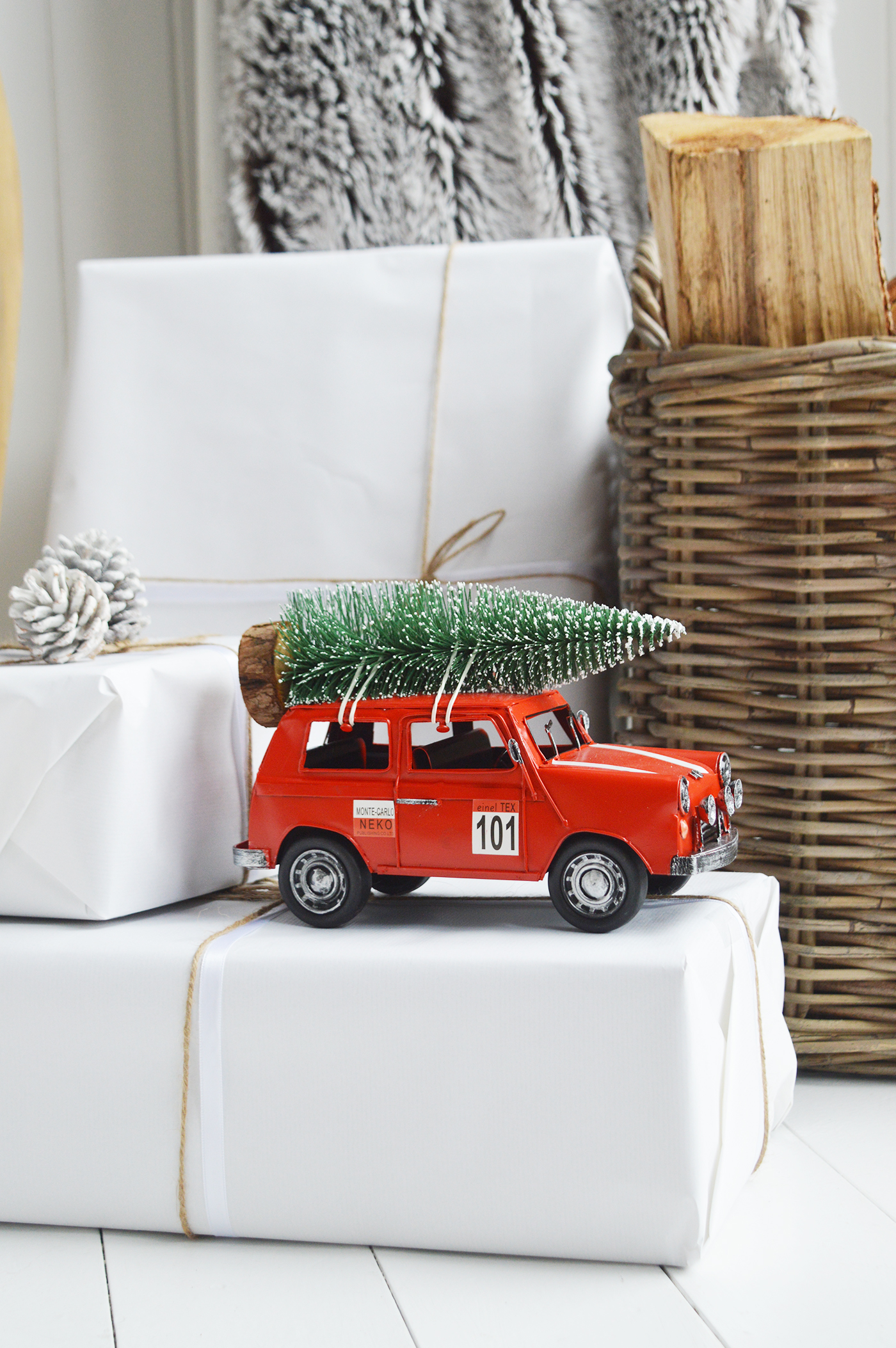 New England style Christmas Decor for cottage, farmhouse, coastal, country and city homes and interiors. VIntage Red Car with Christmas Tree - New England style Christmas Decor