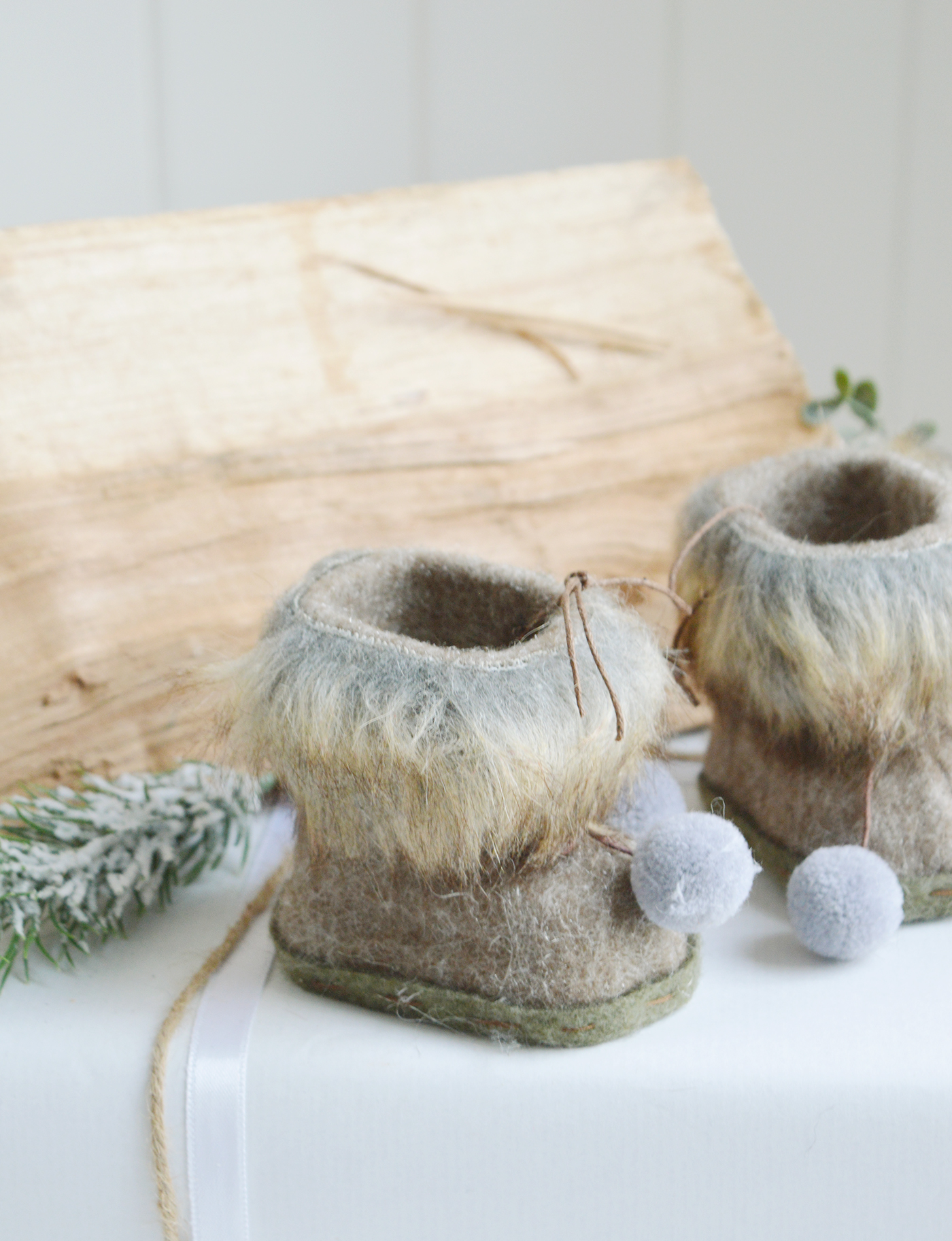 New England style Christmas Decor for cottage, farmhouse, coastal, country and city homes and interiors. Faux Fur boots - Ski Lodge New England style Christmas Decor