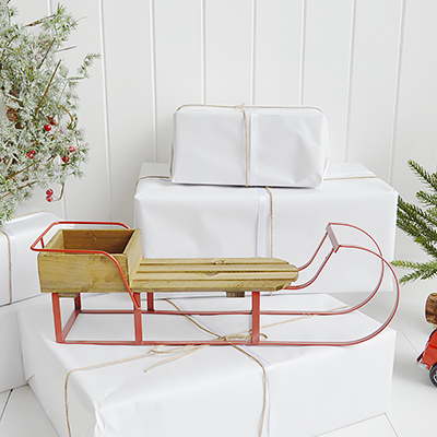 Decorative Wooden Sleigh form The White Lighthouse , New England style furniture and accessories for country, coastal, city and modern farm house Christmas decor
