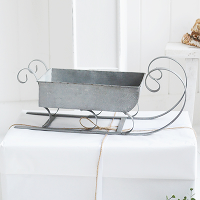 Decorative zinc Sleigh form The White Lighthouse , New England style furniture and accessories for country, coastal, city and modern farm house Christmas decor