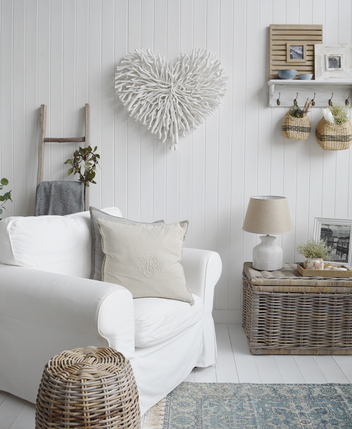 White Chunky Twig Heart for country, cottage and coastal homes and interiors.