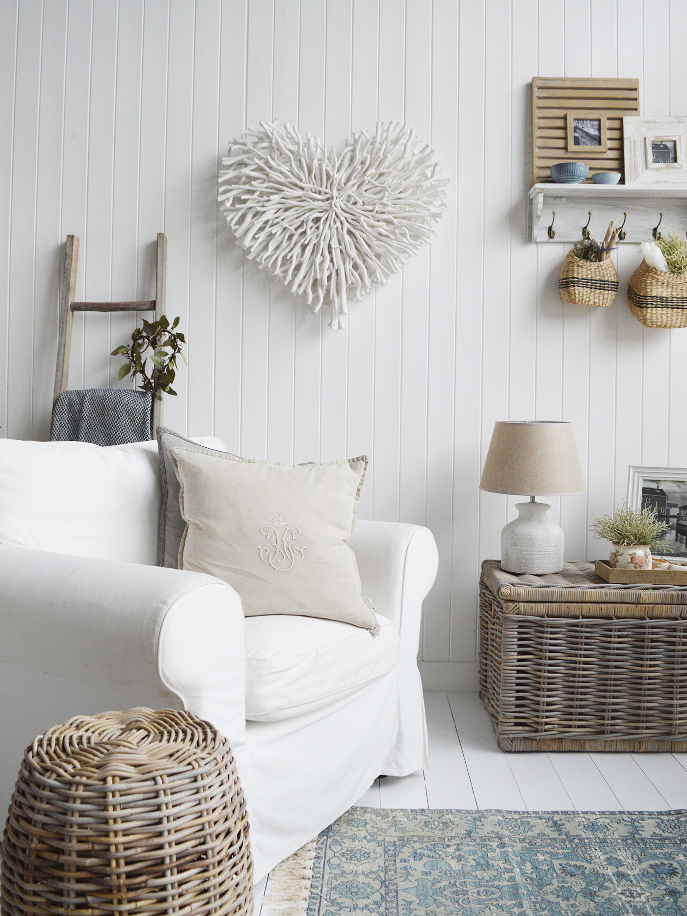 White Chunky Twig Heart for country, cottage and coastal homes and interiors.