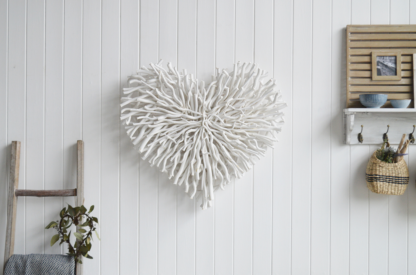 White Chunky Twig Heart for country, cottage and coastal homes and interiors.