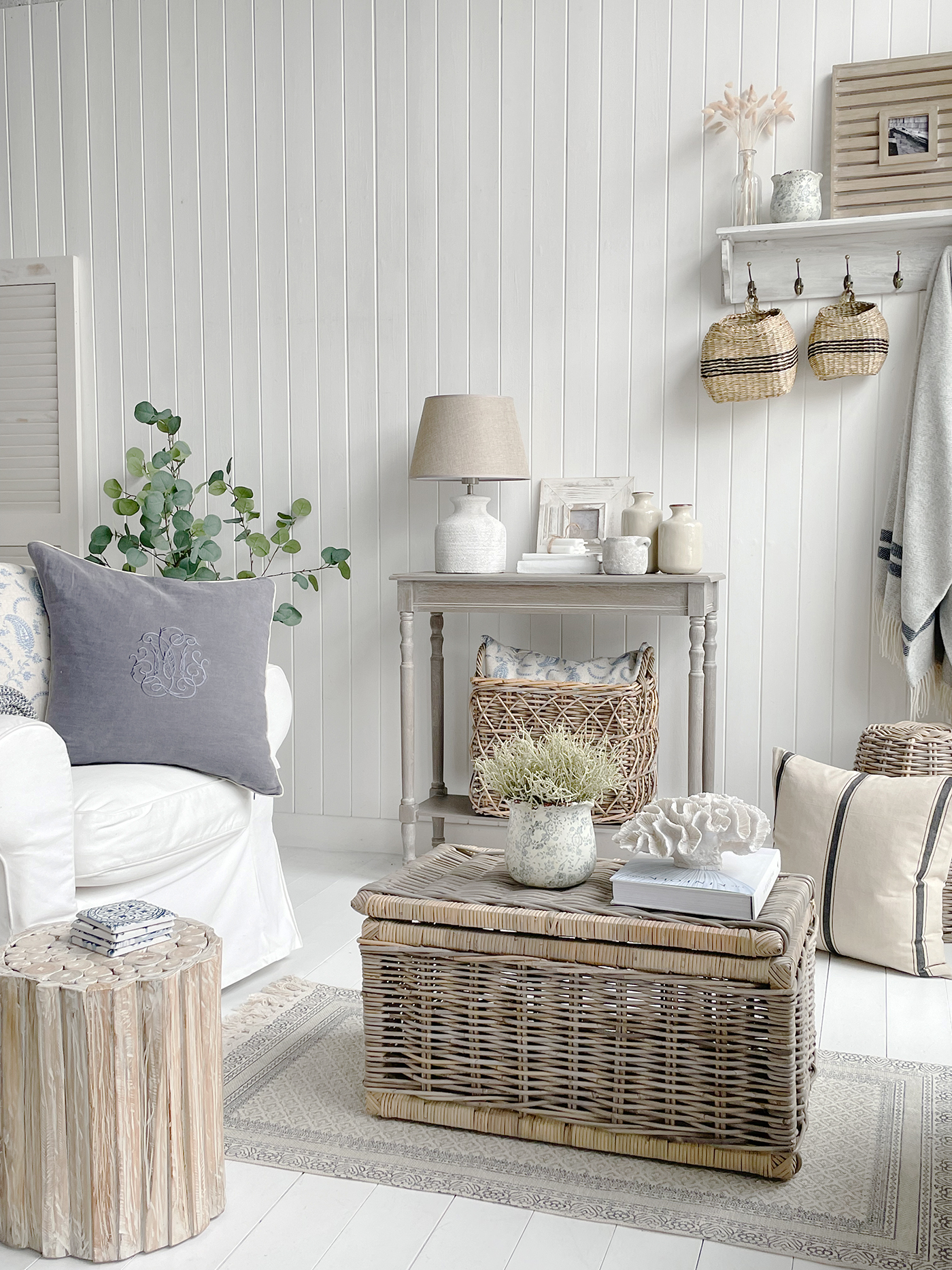 New England style living room with home decor for modern farmhouse and coastal styled homes and interiors