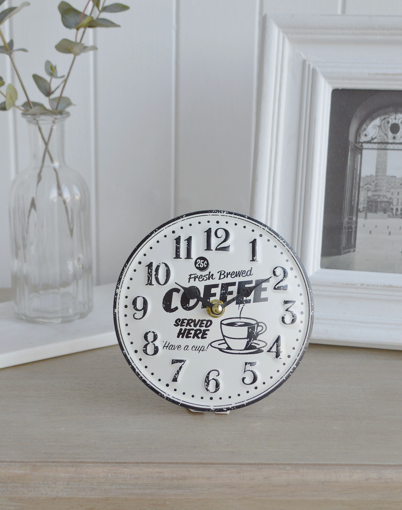 American Coffee Mantel Clock, for New England interiors and furniture for coastal, country cottage and city homes from The White Lighthouse Furniture 