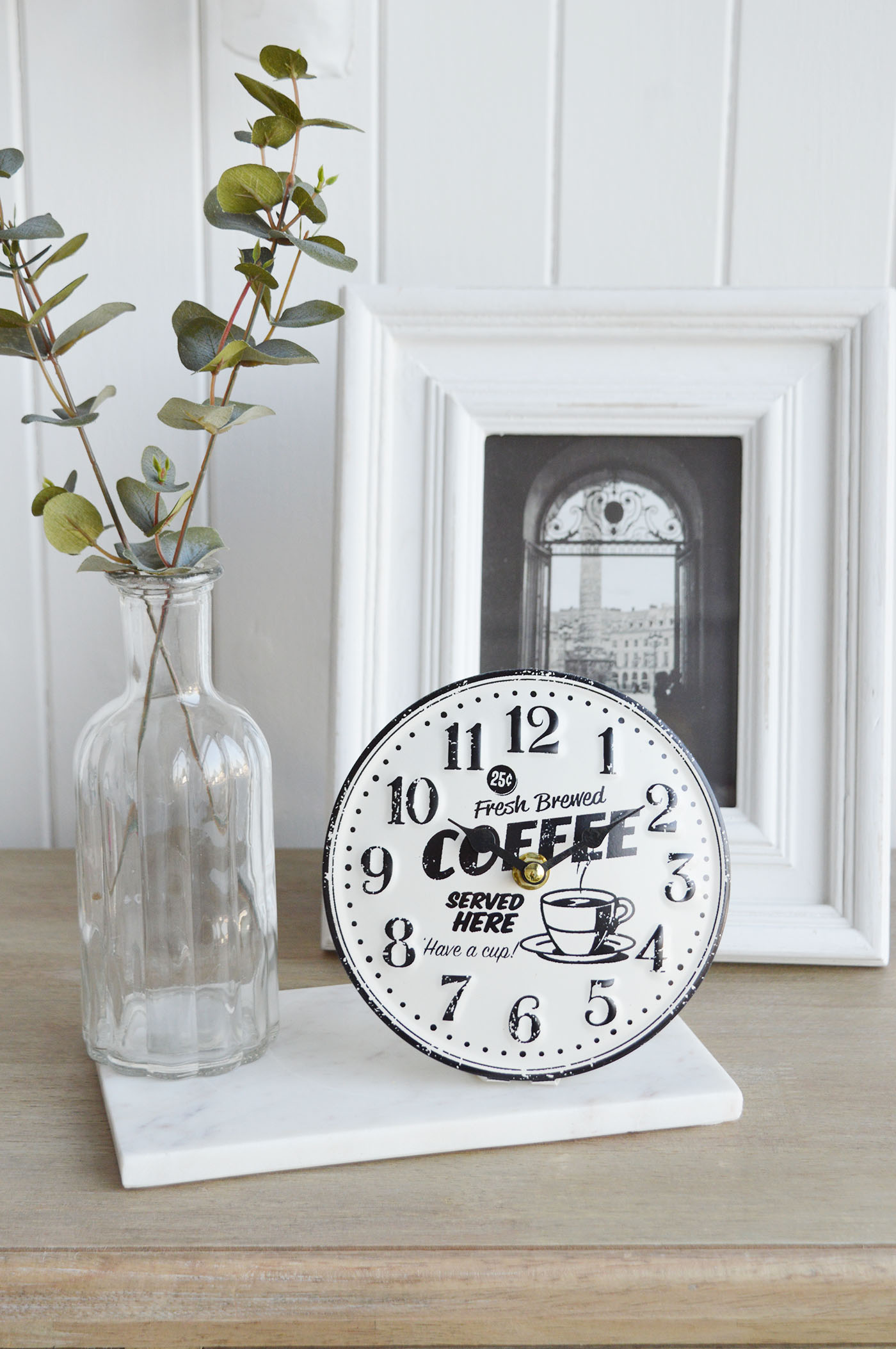 American Coffee Mantel Clock, for New England interiors and furniture for coastal, country cottage and city homes from The White Lighthouse Furniture 