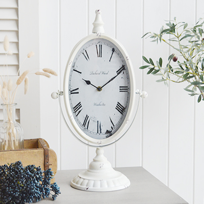 Claremont Antique White Mantel Clock for New England interiors and furniture for coastal, country cottage and city homes