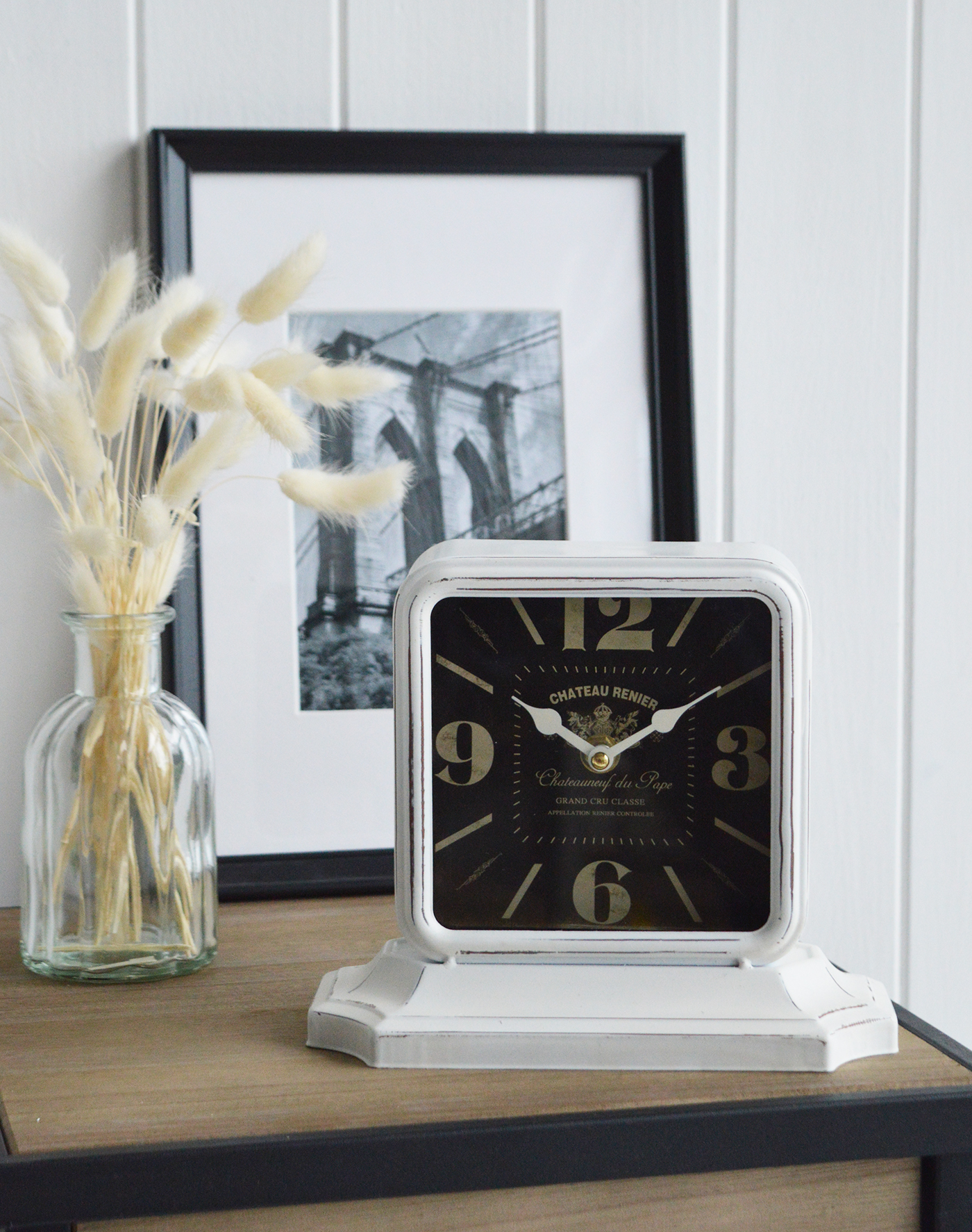 White Mantel Clock, for New England interiors and furniture for coastal, country cottage and city homes from The White Lighthouse Furniture