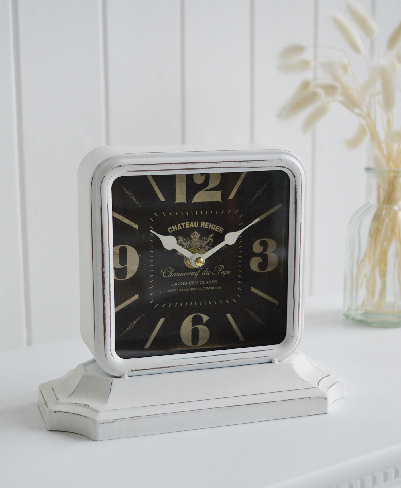 White Mantel Clock, for New England interiors and furniture for coastal, country cottage and city homes from The White Lighthouse Furniture