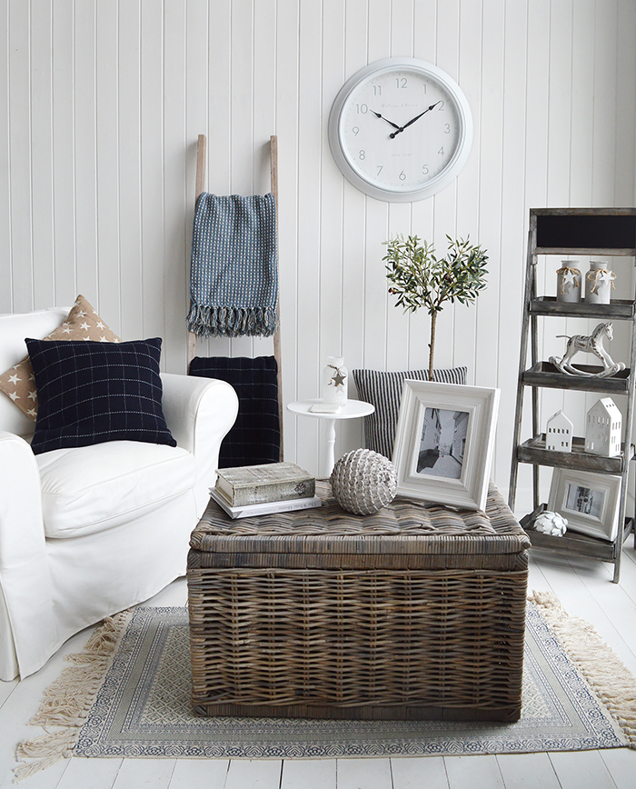 Our Boothbay white cloak in a coastal styled white living room, with New England furniture and home decor pieces