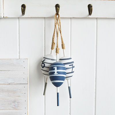 Nautical, coastal and beach home decor accessories and Furniture from The White Lighthouse Furniture - Set 3 decorative hanging floats. New England Coastal style interior design