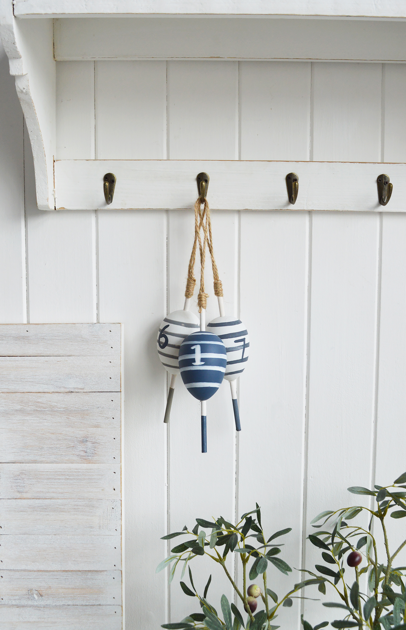 Nautical, coastal and beach home decor accessories and Furniture from The White Lighthouse Furniture - Set 3 decorative hanging floats. New England Coastal style interior design