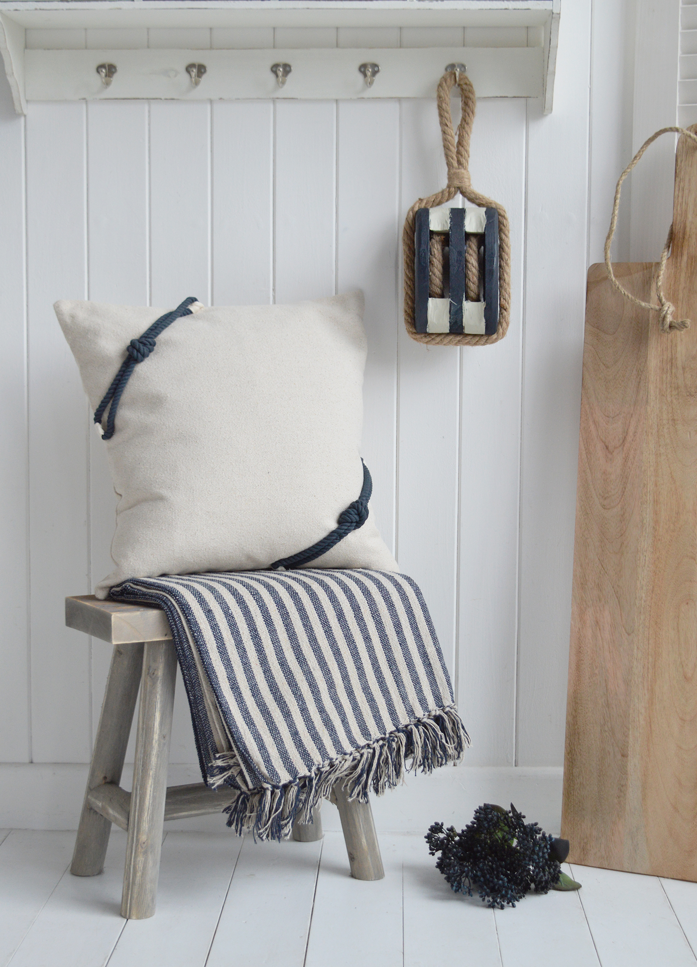 Nautical rope pulley ornament adding seaside detail to coastal interiors décor.