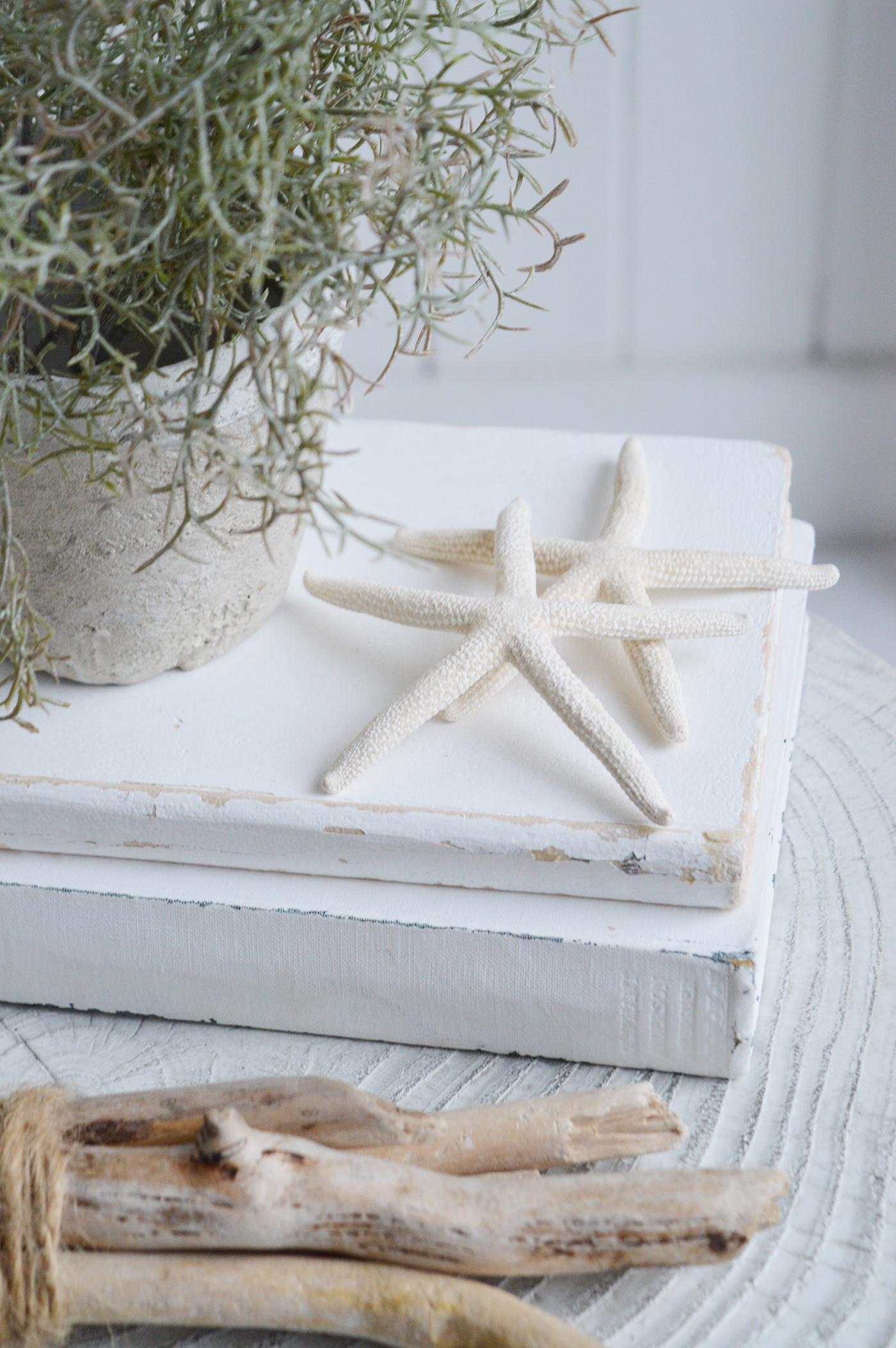 A serene detail from our coastal collection — soft white tones, driftwood, and starfish accents bringing effortless beach house charm to your interiors and furniture styling.
